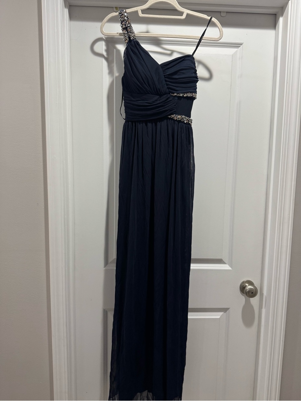 Jodi Kristopher Navy One-Shoulder Chiffon Gown with Beaded Strap